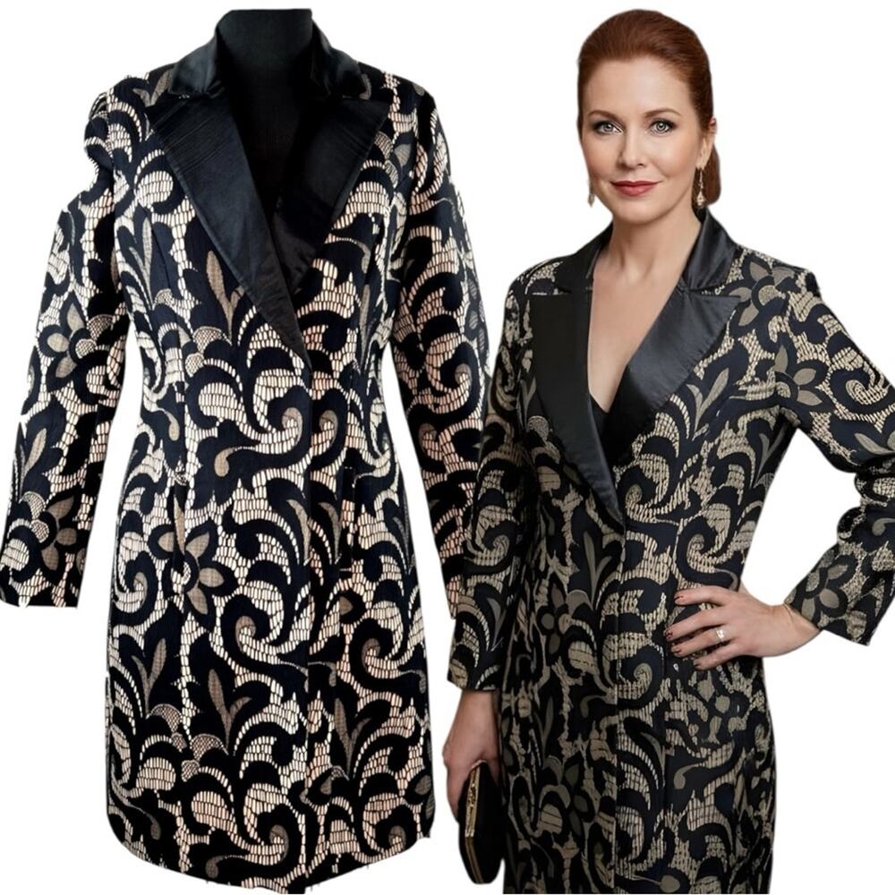 VENUS Woman's Black Beige Lace Overlay Blazer Trench Long Pea Coat Size 4 NEW